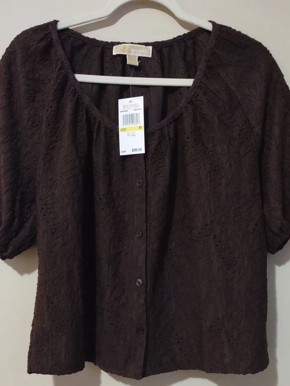NWT Michael Kors Chocolate Brown Eyelet Button Front Blouse Medium